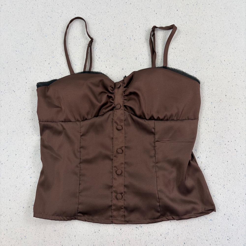 Chocolate‎ Brown Satin Corset Top Sweetheart Lace Trim Smocked Back Camisole M